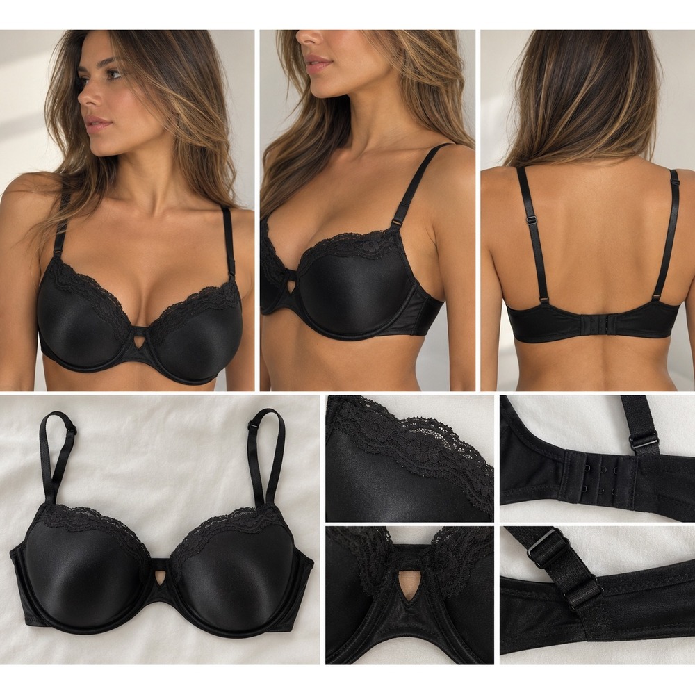 Vassarette Black Lace Trim Underwire Bra 38C Style 75-234 Vintage Satin Padded